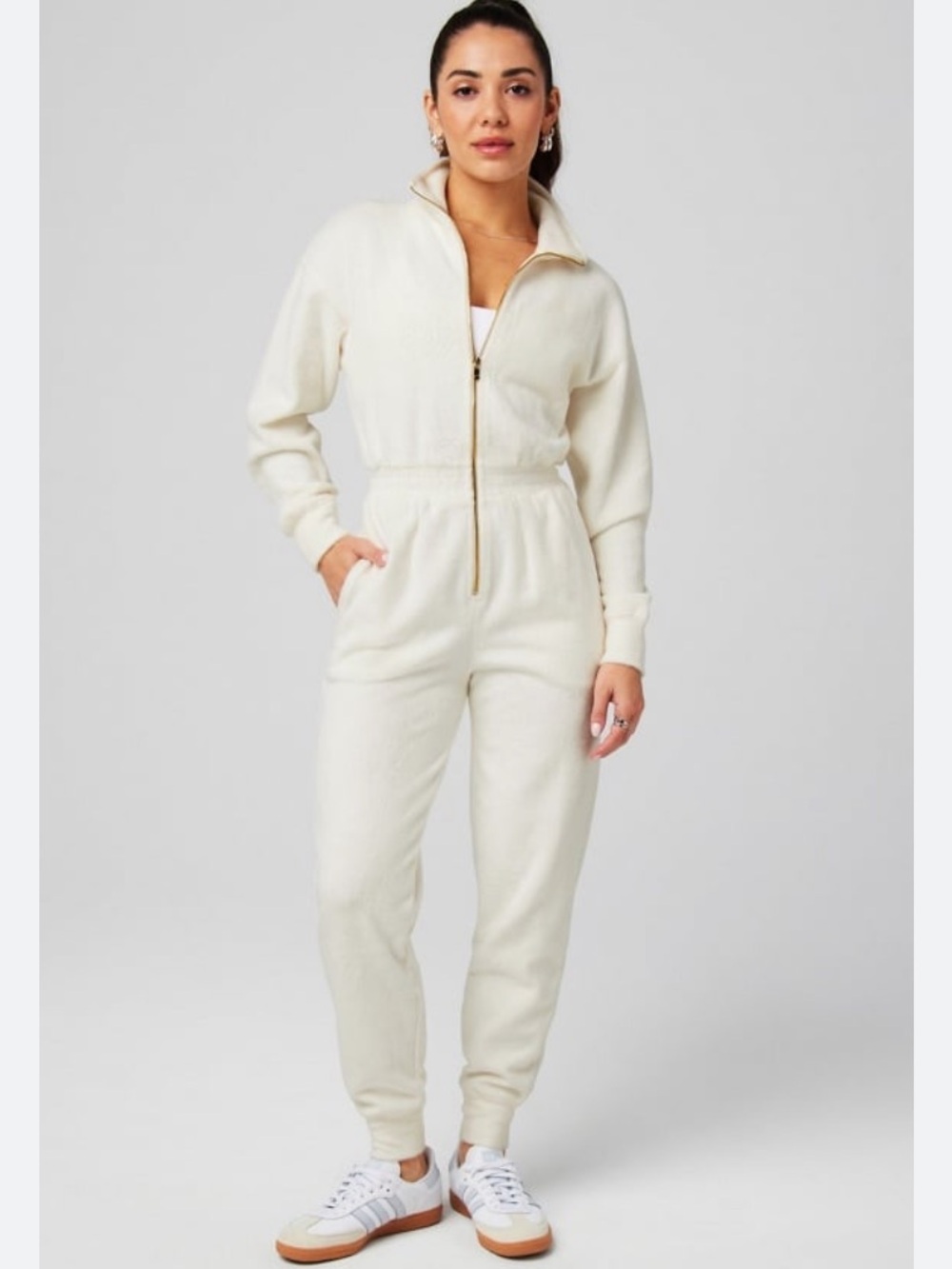 Fabletics Cream Cozy Cord Fleece Zip Front Jumpsuit Loungewear Women’s L